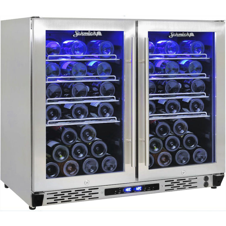 Bar Fridge | Dual Zone Combo | Schmick JC190 doors closed full of win bottles and blue LED lights on