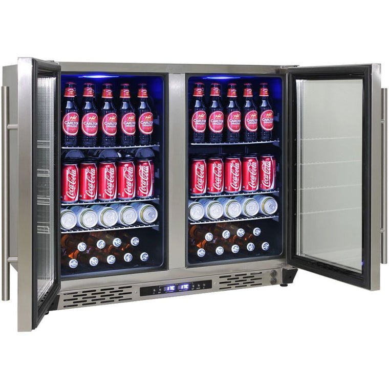 Bar Fridge | Dual Zone Combo | Schmick JC190 doors open with blue LED lights on and full of drinks